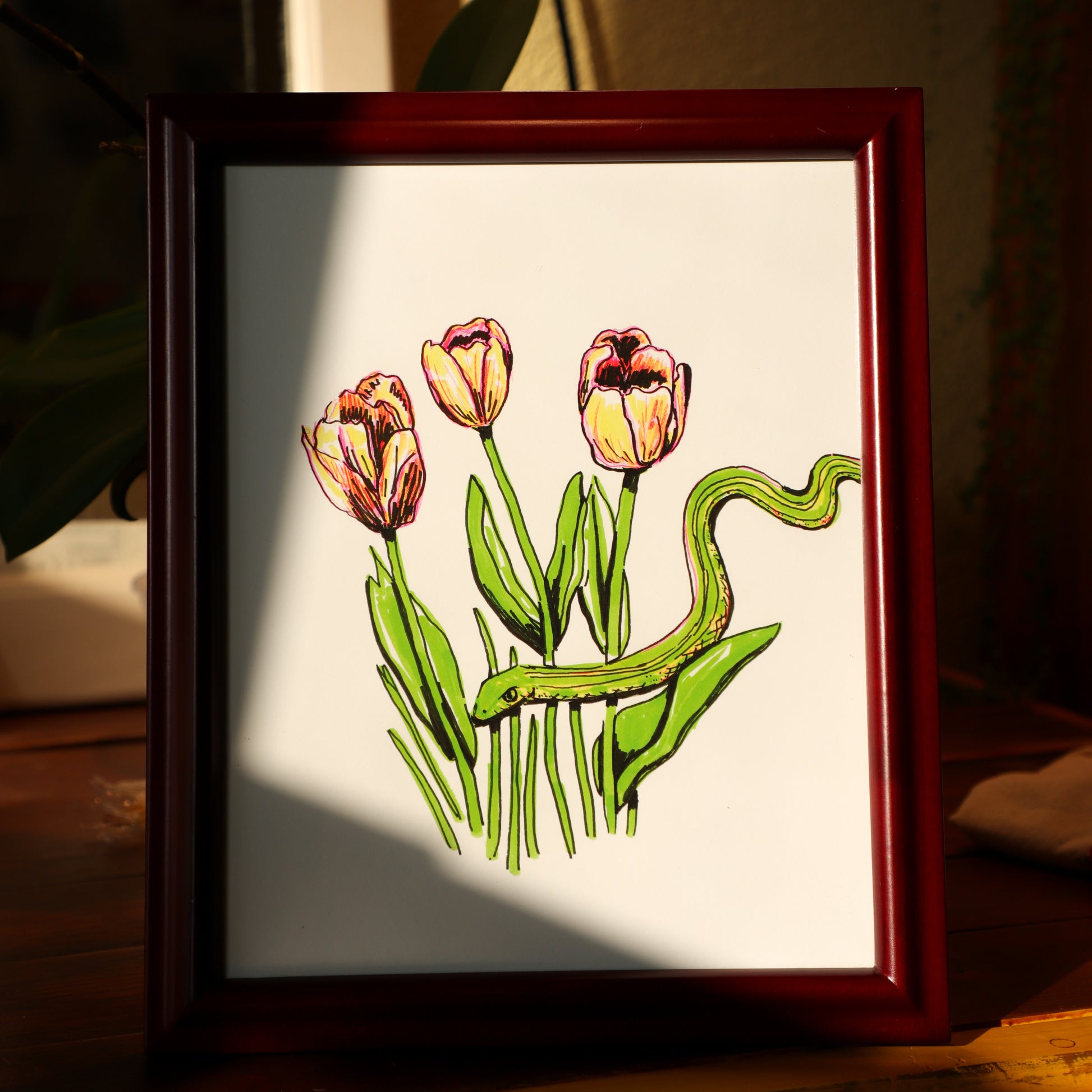 Garter Snake Among Tulips Print